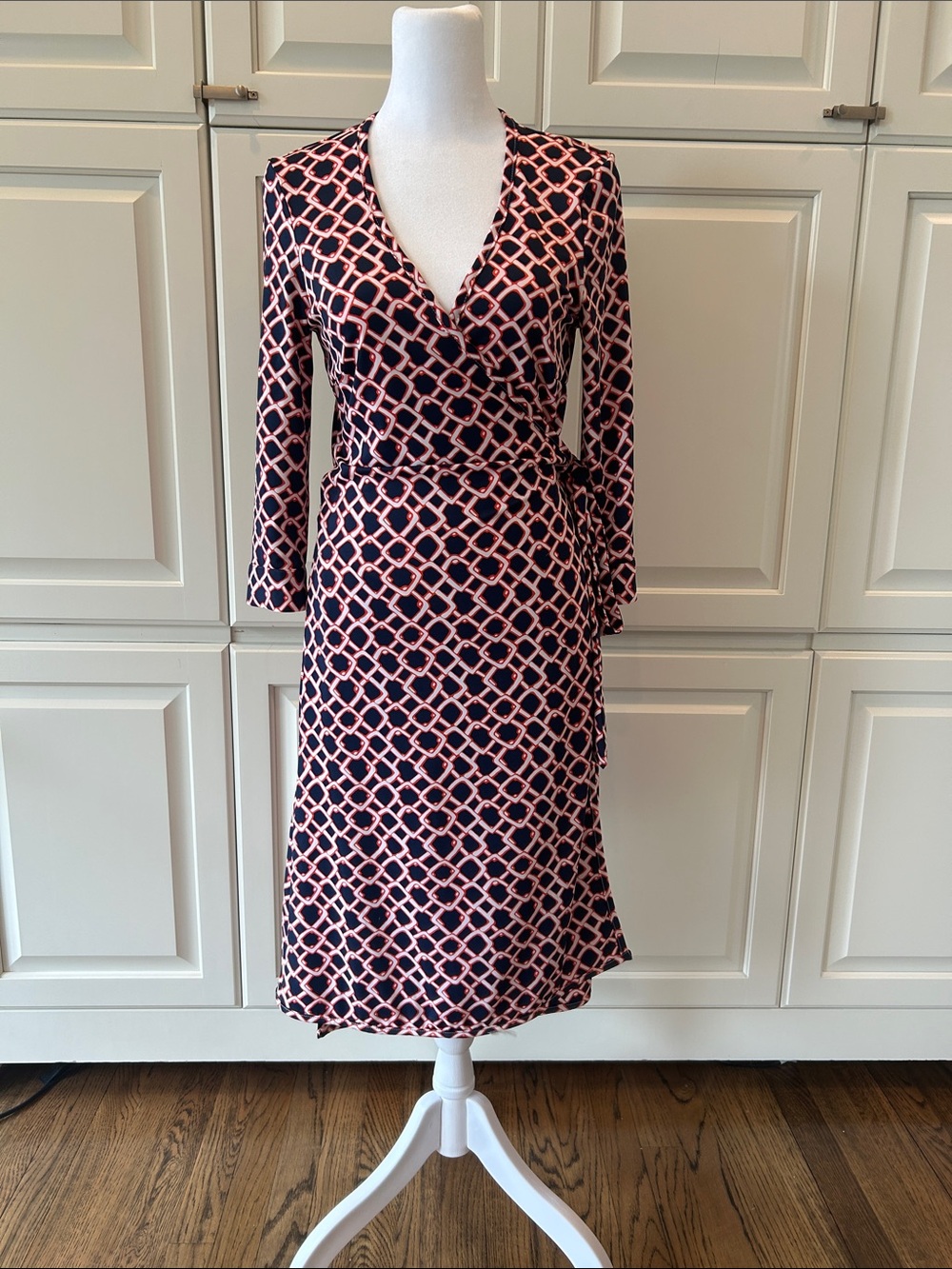 JB by Julie Brown Navy and orange Geometric Wrap Midi Dress